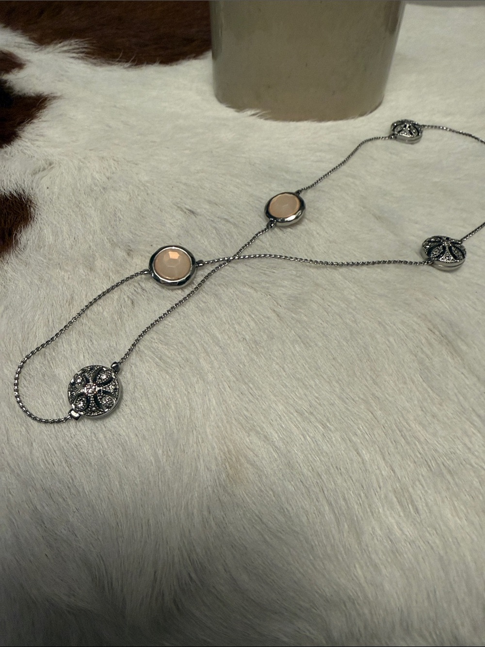 Silver-tone Long Necklace with Cream Enamel Accents - Unbranded